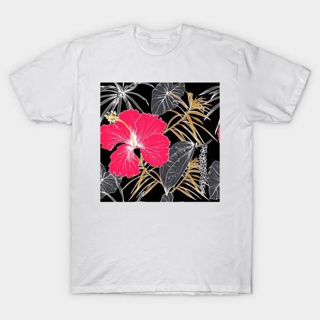 Tropical exotic flowers and leaves T-Shirt by Olga Berlet